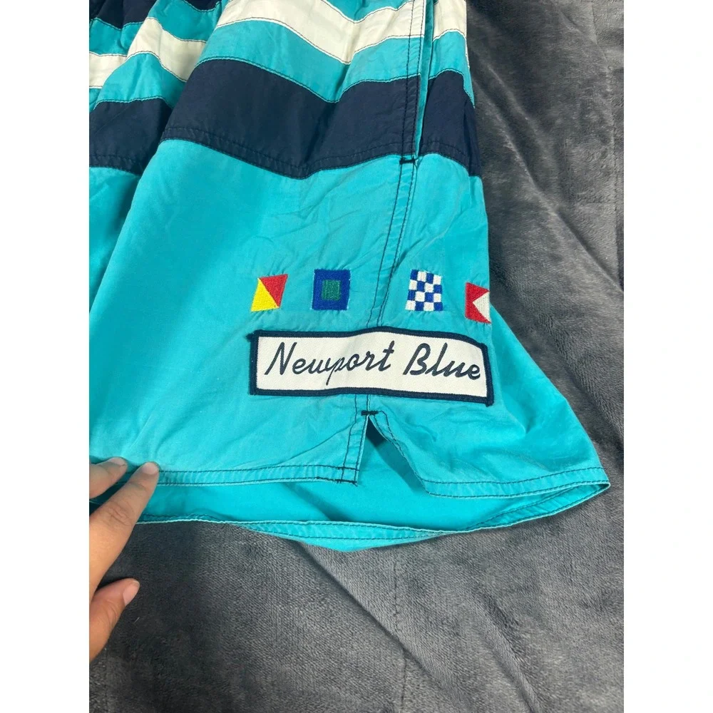 Newport Blue Mens Vintage Swim Trunks Teal Navy Striped Nautical Flags Large